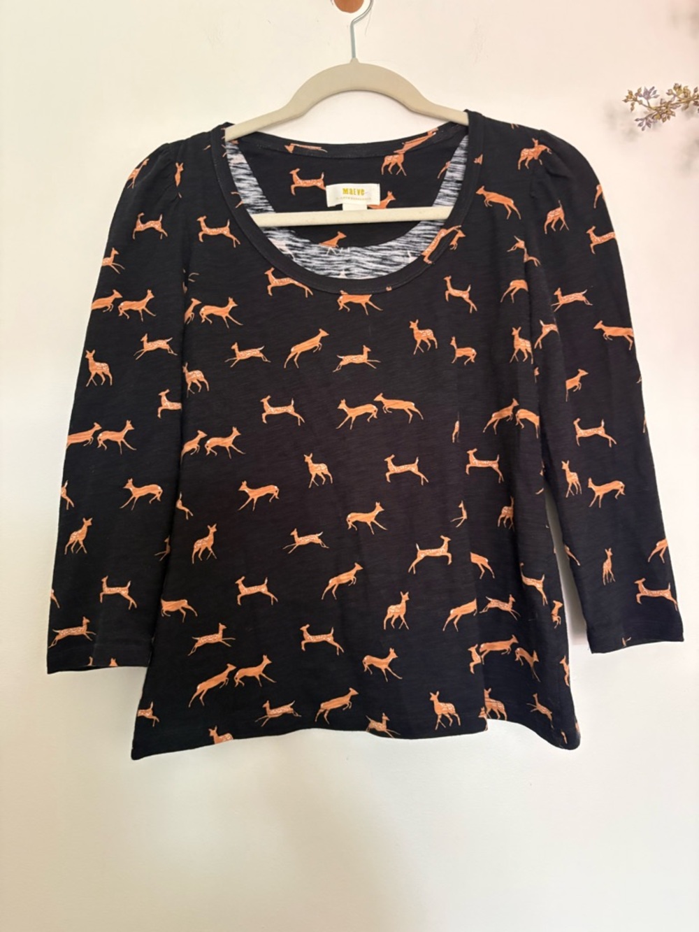 Maeve Anthropologie Deer Print Top XS Black Orange 3/4 Sleeve Cute
